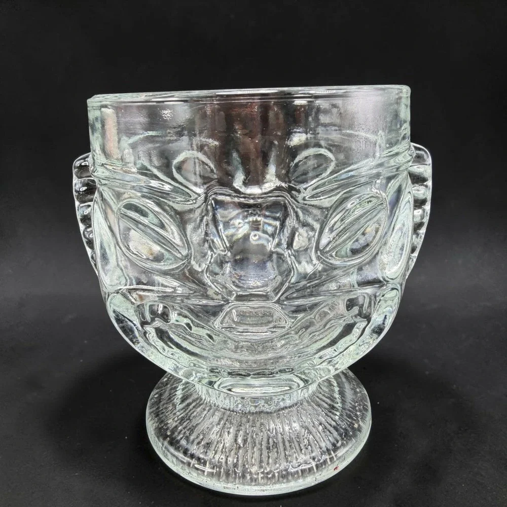 Indiana Glass Two faced Tiki‎ Drinking Glass Clear Embossed Face Single Mug Cup